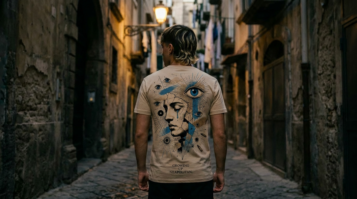 A weathered street in Naples at dusk, light spilling across stone